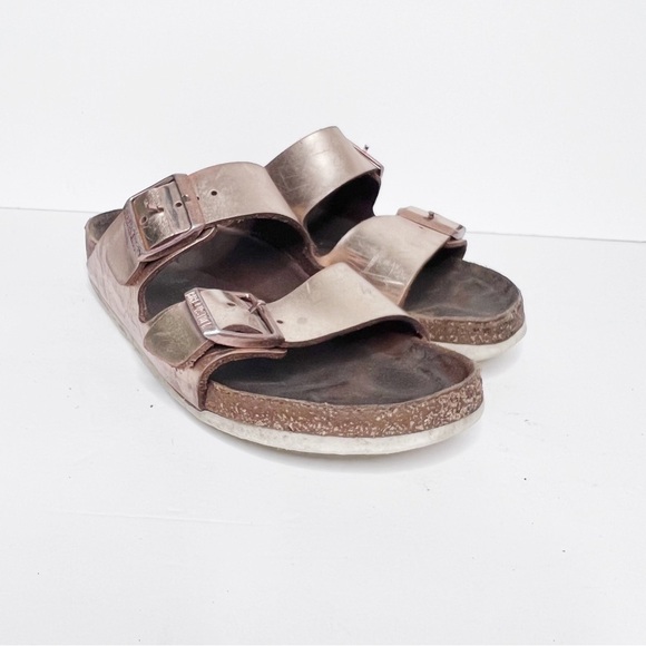 Birkenstock Arizona Soft Footbed Slide On Sandals Leather Metallic Rose Gold 38 - Picture 1 of 6